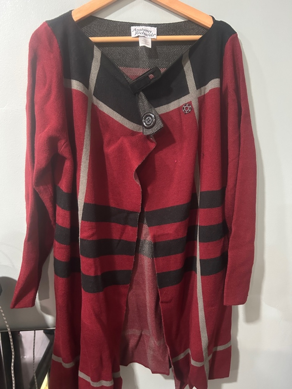 Anthony Richards Red and Black Geometric Open-Front Cardigan